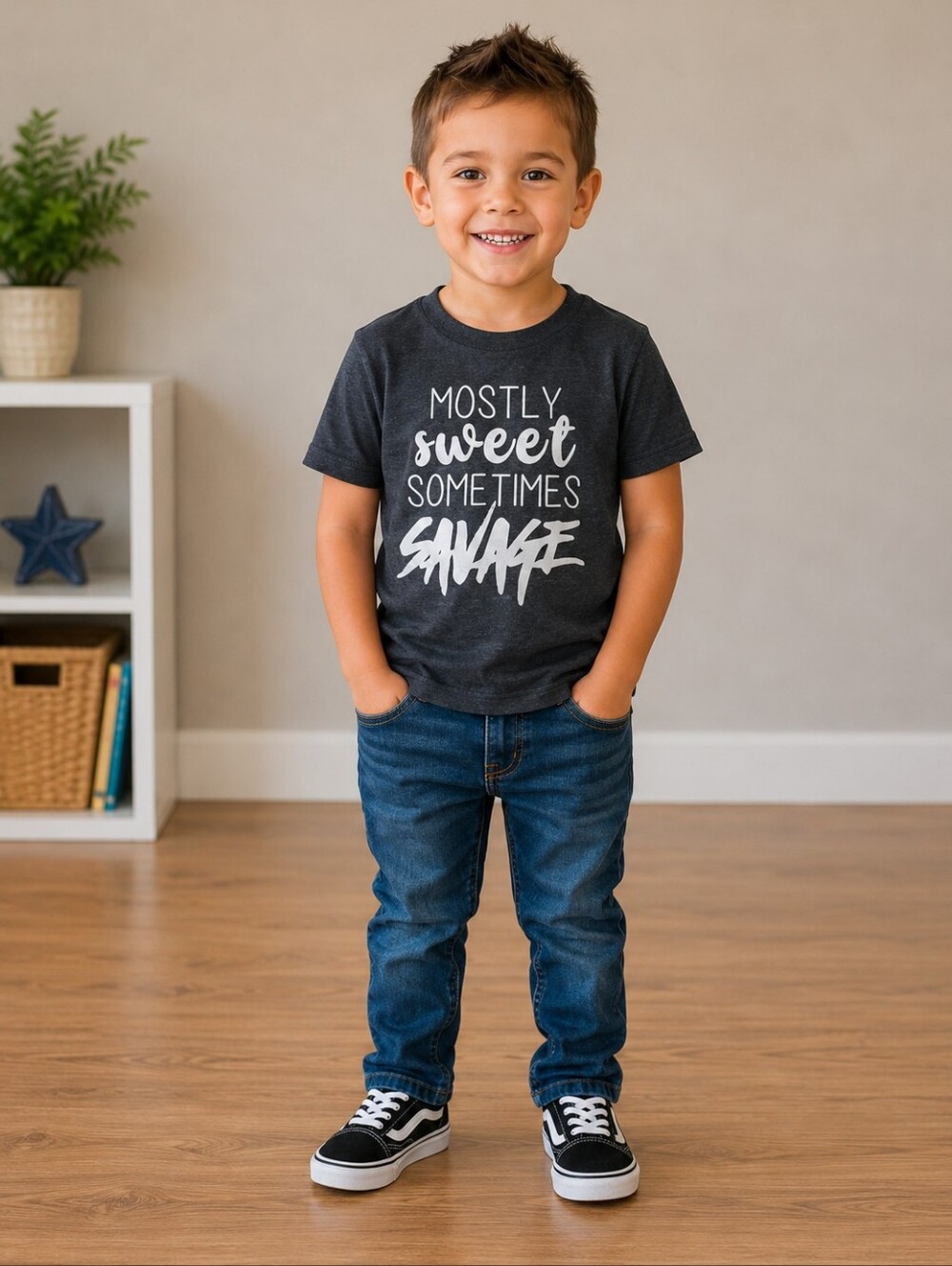 Bella Canvas Kids Mostly Sweet Sometimes Savage Short Sleeve Shirt Boys Size 4T